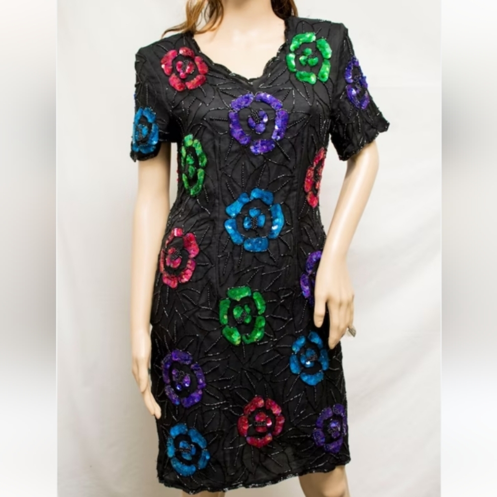 Styleworks Vintage Black Silk Dress Multi-colored Floral Sequins/ Beads. 14